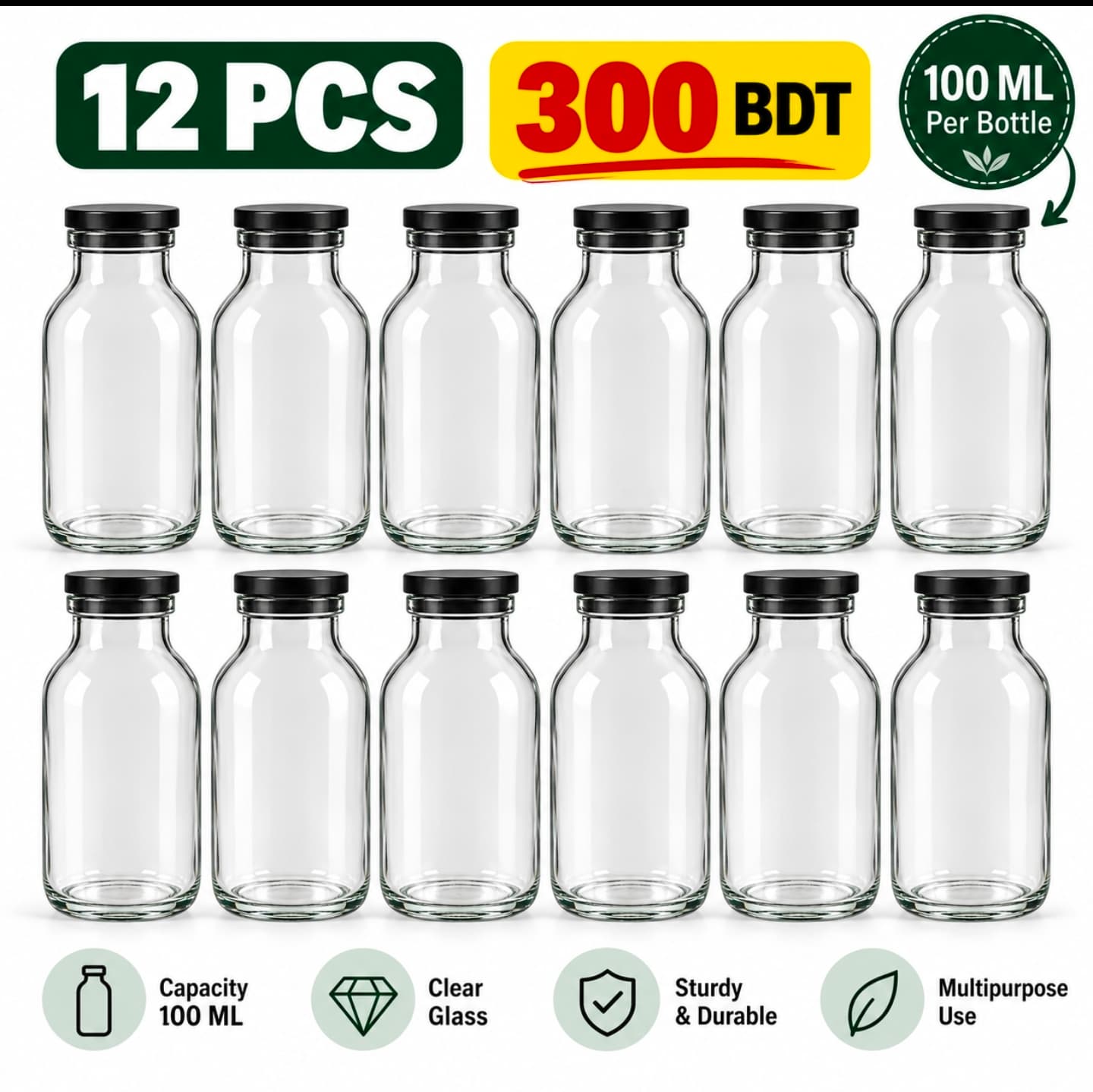 100 ML Clear Glass Bottle with Black Cap – 12 PCS
